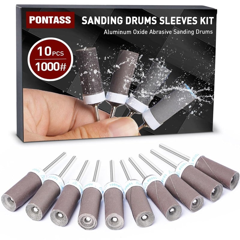 PONTASS 1000 Grit 10 PCS Sanding Drums for Dremel Rotary Tools Accessories, Sanding Bits Kit for Dremel Sanding Bands with 1/8 inch Shank, Sandpaper Sticks Set for Plastic Wood Metal Grinding Polishing - Image 1